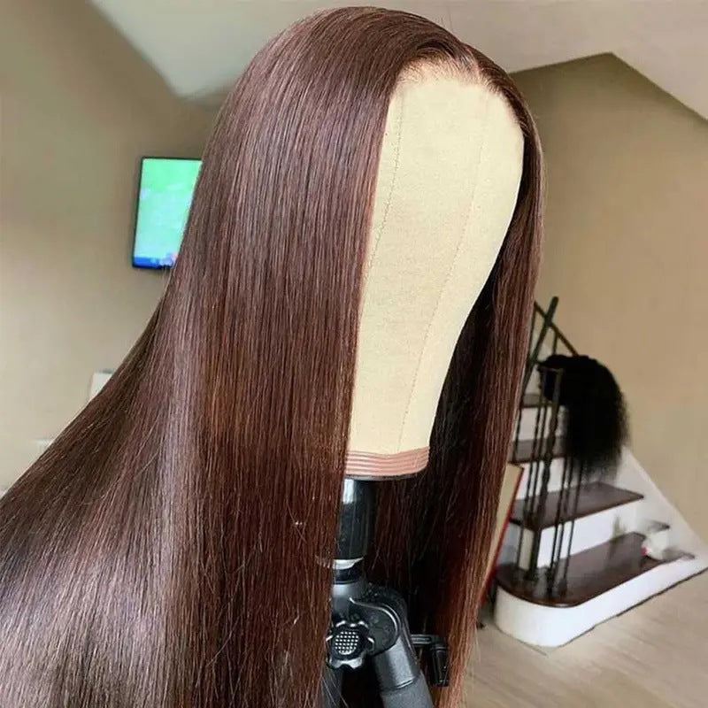 Long Straight Lace Front Wig with Side Bangs – Medium Dark Brown