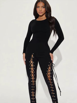 Sexy Fall Jumpsuits Women Diy Shirring O-Neck Full Sleeve Midnight Party Club Stretch Activity Fitness Slim Overalls