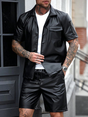 Manfinity LEGND Men'S Solid Front Button Short Sleeve Shirt and Drawstring Waist Pocket Shorts Set Men'S Outfits Sets Men Fashion Clothes Men Outfits 2 Pieces Men'S Designer Outfits