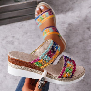 Fashion Wavy Pattern Woven Sandals Summer Casual Ethnic Style Slippers Linen Bottom Wide Strap Wedges Shoes For Women - Dazzling Beauty Solution