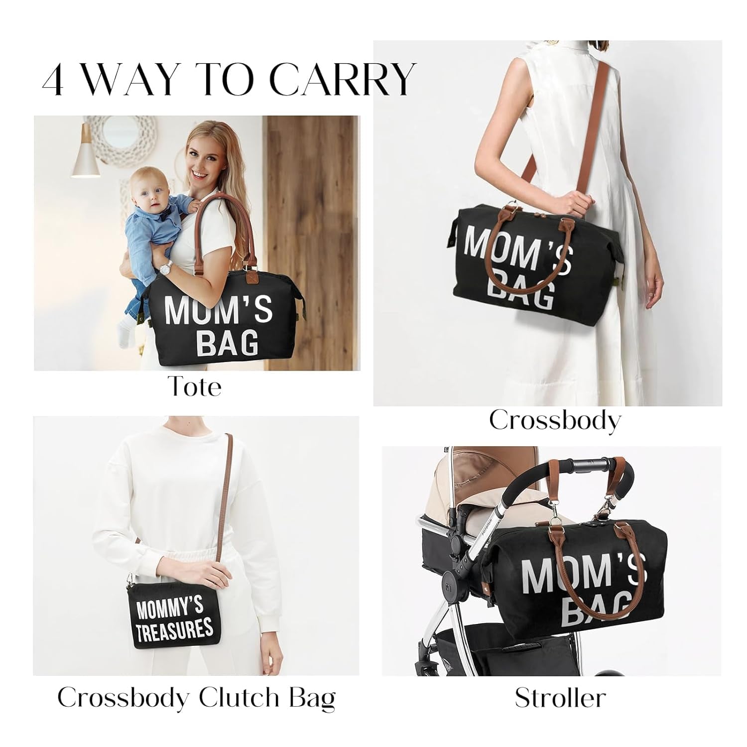 6Pcs Large Diaper Bag Tote with Changing Pad & 2 Organized Pouches, Mom'S Bag for Hospital with Pacifier Case, Straps, Stroller Hook, Baby Diaper Bag for Weekender Travel