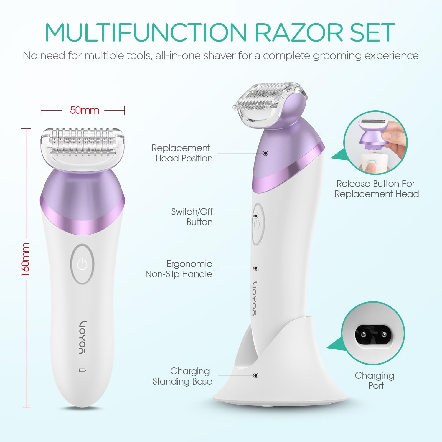 Electric Razors for Women 4 in 1 Bikini Trimmer, Foil Shaver for Women 4 Replacement Heads for Body, Pubic Hair Trimmer, Cleansing, Massage 2 Adjustable Speeds Rechargeable Shaver ES501 (Purple)
