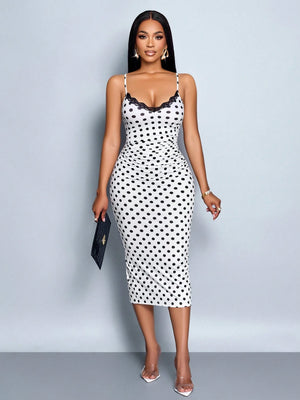 SOLERSUN Spring and Summer Elegant Commuting Retro Sexy Business Old-Money Style Casual Sleeveless V-Neck Valentine'S Day Wedding Season Party Holiday Music Festival Black Sexy Lace Suspender Waist Gathered Slimming Extreme Waist-To-Hip Ratio Short-Sleeved Hip-Covering White Polka Dot Mid-Length Dress for Women