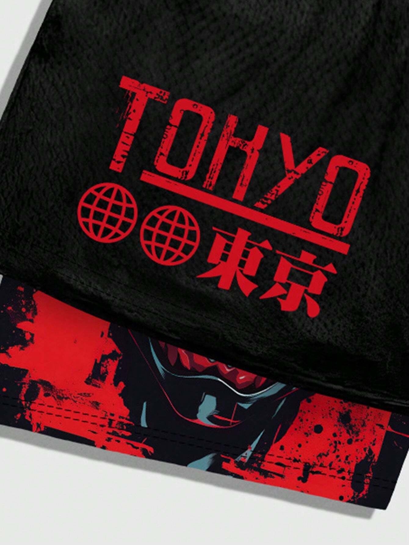 ROMWE MEN Anime Men'S Simple Figure Graphic Drawstring Waist Basketball Shorts, School