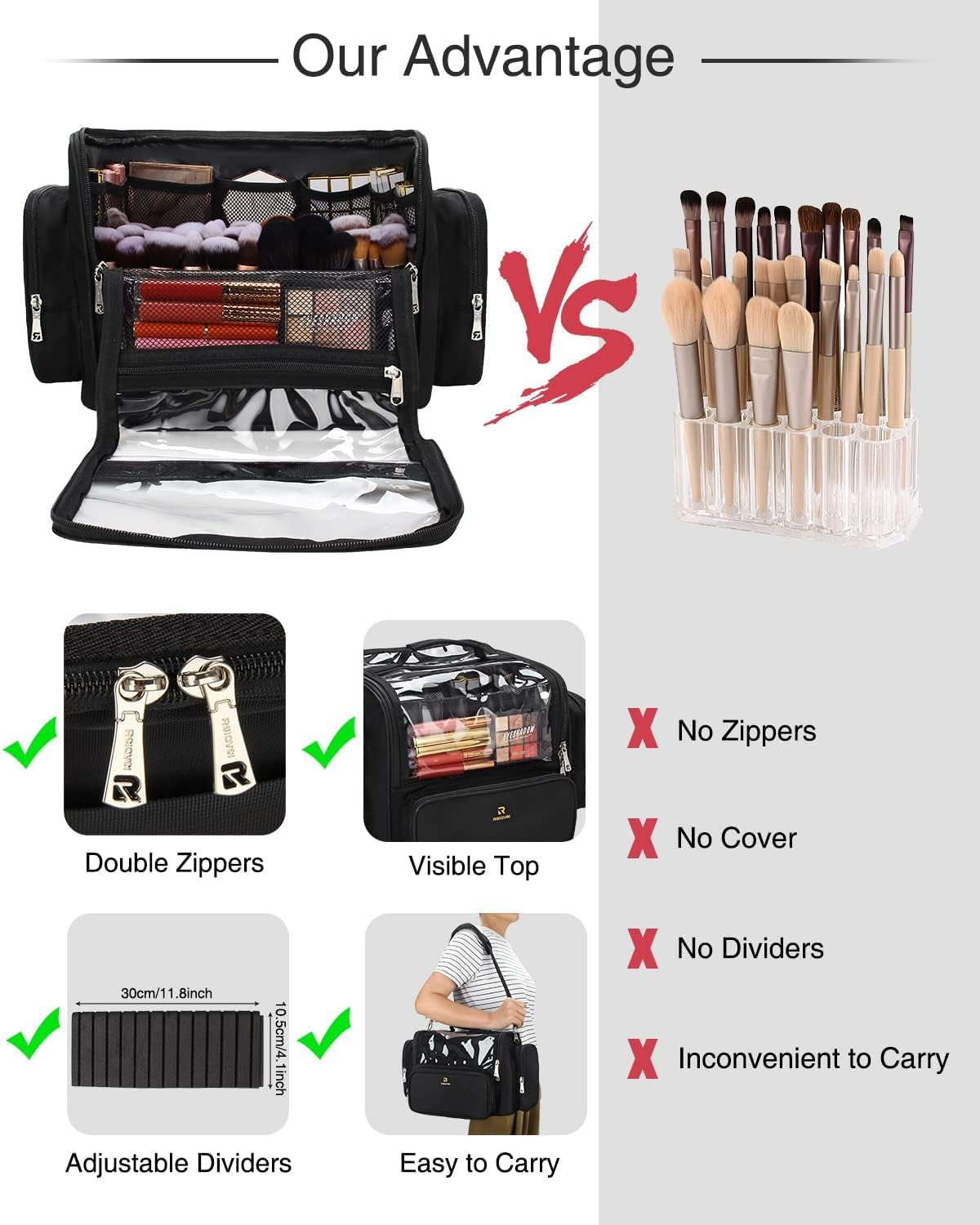 Makeup Brush Bag Extra Large Makeup Brush Case with 4 Small Bags Professional Makeup Artist Brush Holder Stand up Organizer for Travel with Adjustable Dividers and Shoulder Strap