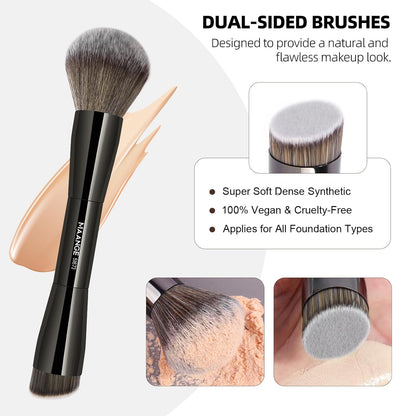20 PCS Foundation Makeup Brush Set, Double-Ended Kabuki Contour Brush for Liquid Powder Concealer Blending Blush Face Makeup Tools (Black)
