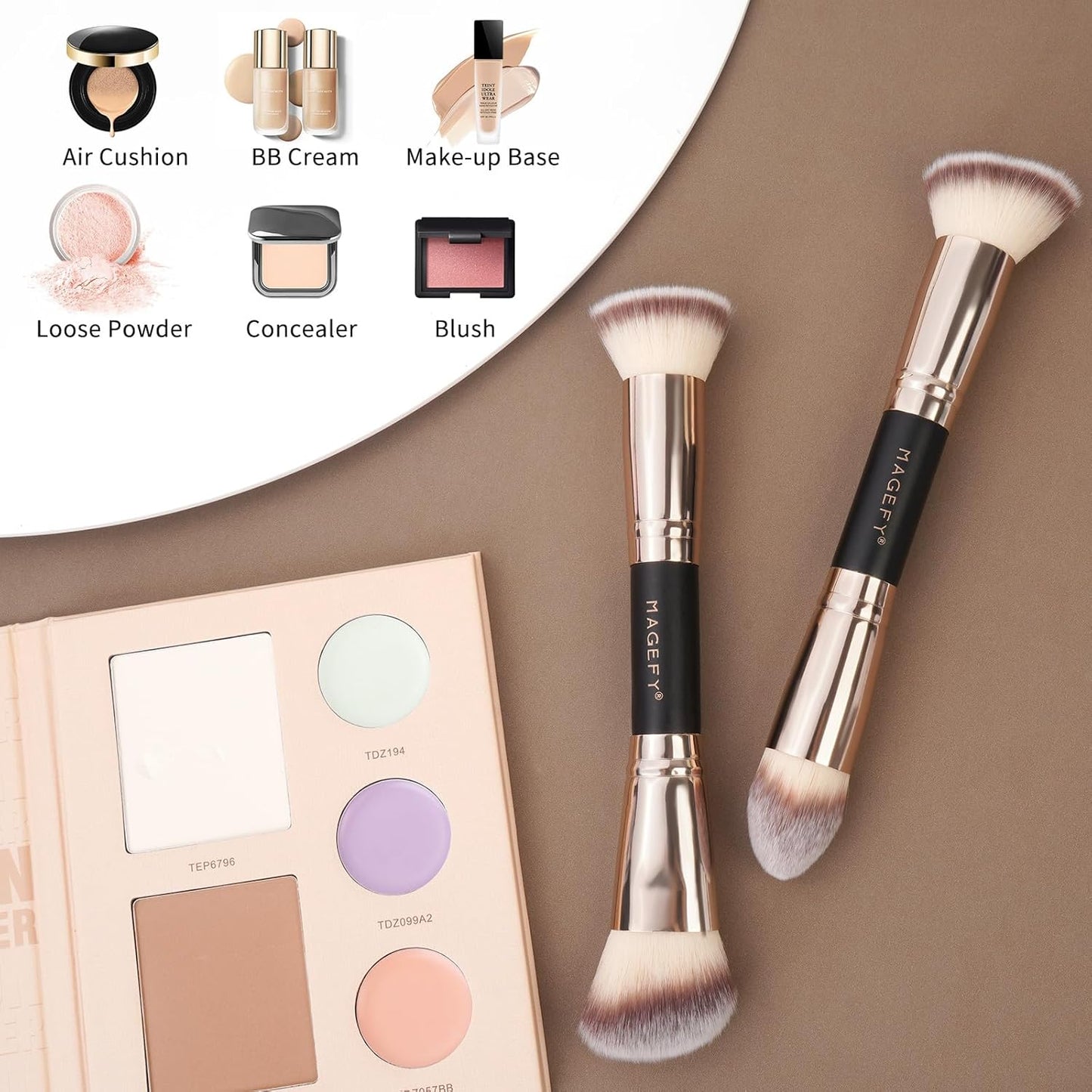 Foundation Makeup Brushes, 2Pcs Premium Double-Ended Makeup Brush (Flat/Angled/Angled Round/Tapered Top) for Buffing Liquid, Cream, Powder, Blending Contour Face Brush