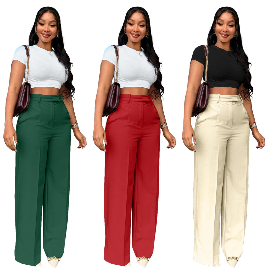 Women's High Waist Wide-Leg Pants - Straight Leg Trousers