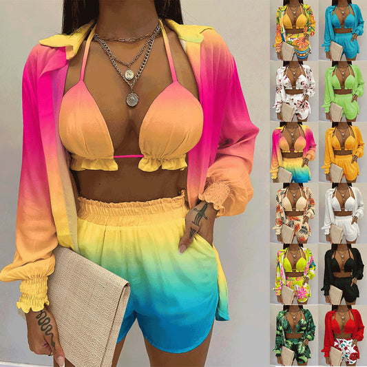 Women's Summer Solid Color Printing 3-piece Suit - Dazzling Beauty Solution