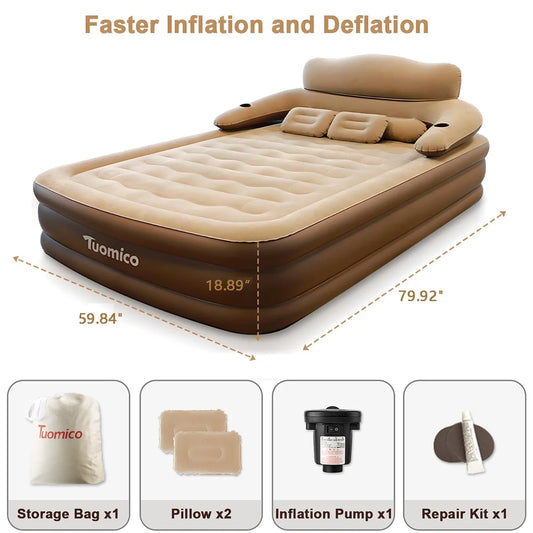 18In Queen Air Mattress with Headboard, Inflatable Mattress Airbed for Camping