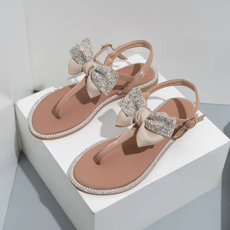 Rhinestone Bow Ladies High End Flat Sandals - Dazzling Beauty Solution