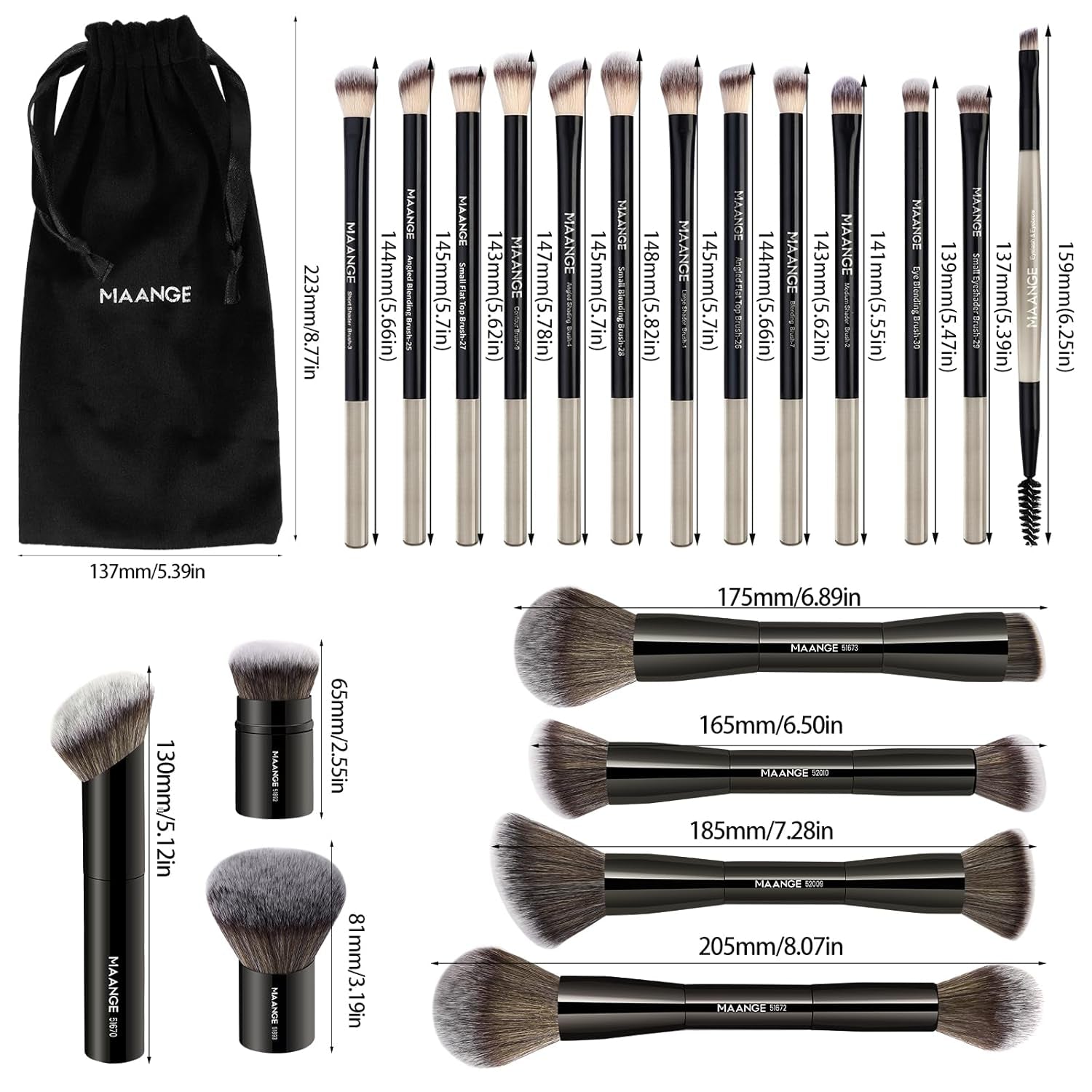 20 PCS Foundation Makeup Brush Set, Double-Ended Kabuki Contour Brush for Liquid Powder Concealer Blending Blush Face Makeup Tools (Black)