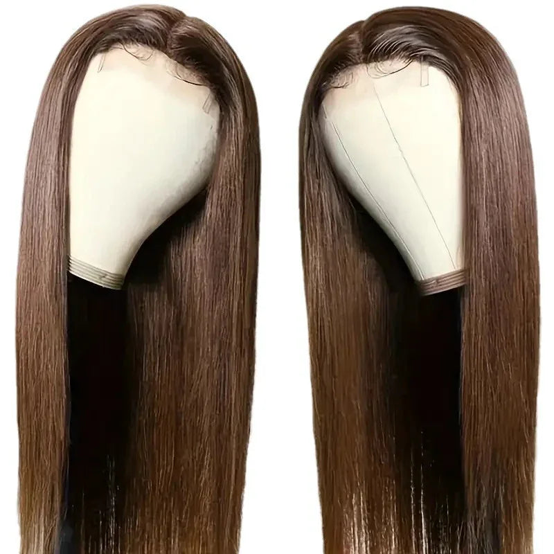 Long Straight Lace Front Wig with Side Bangs – Medium Dark Brown - Dazzling Beauty Solution