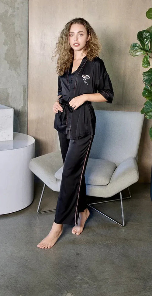 Black Silky 3 Piece Kimono Pajama Sets - Dazzling Beauty Solution