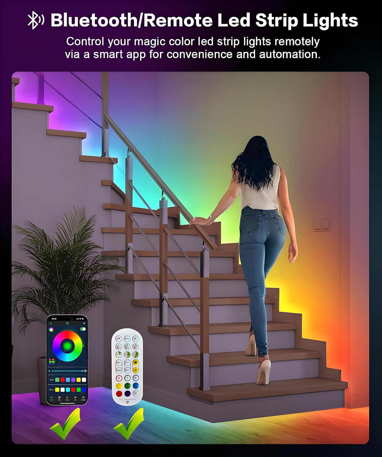 Upgraded Smart IC 32.8Ft LED Lights for Bedroom, Multiple Colors on One Line LED Strip Lights, Bluetooth APP Control Music Sync Color Changing Strip Lights for Room Home Party Decoration