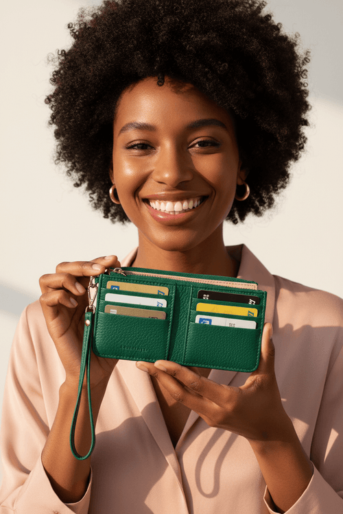Black Woman Holding Mini Wristlet Wallet