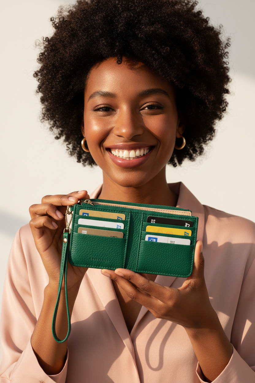 Black Woman Holding Mini Wristlet Wallet