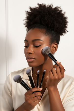 Black Woman Using MAANGE Pro Makeup Brush Set