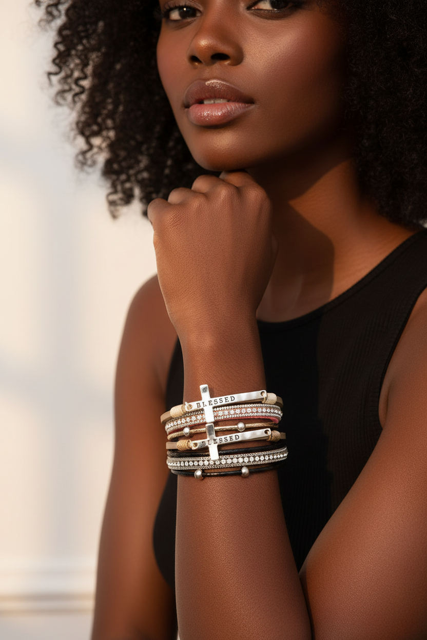 Black Woman Wearing Boho Cross Wrap Bracelet