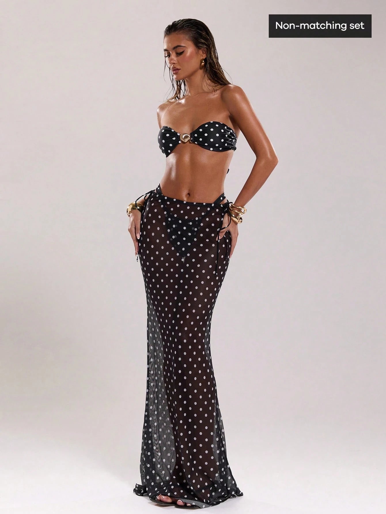 BAE Women'S New Arrival Black & White Polka Dot Low Waist Drawstring Resort Swimwear, Elegant & Sexy Cover Up, the Seduction of Dark Romance