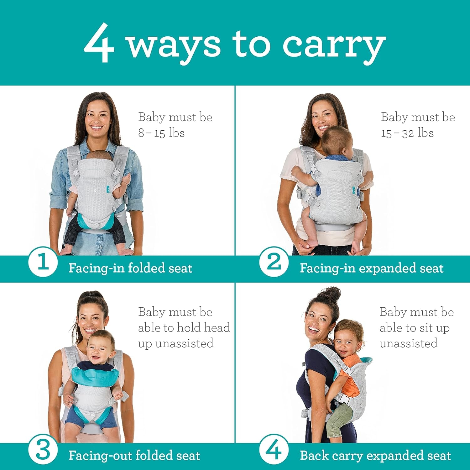 Flip 4-In-1 Light & Airy Convertible Baby Carrier - Breathable, Lumbar Support, Adjustable Waist Belt, Head Support, Ergonomic Seat, Plush Straps for Newborn to Toddler 8-32 Lbs
