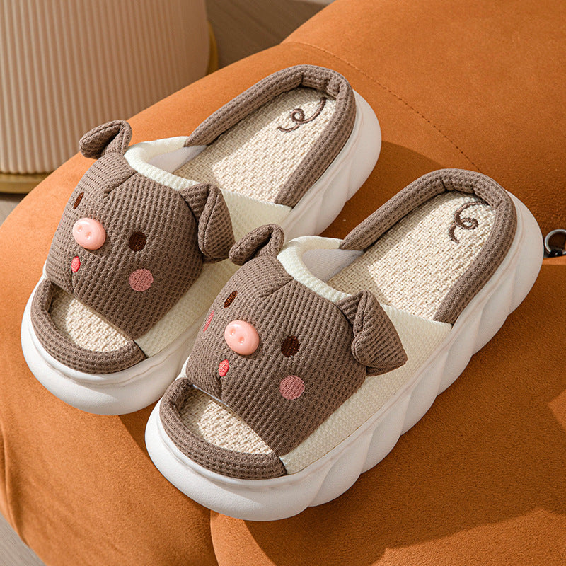 Piggy Cute Couple Open Toe Linen Cotton Linen Slippers - Dazzling Beauty Solution