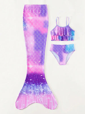 Tween Girl Fish Scales Print Mermaid Tail Set