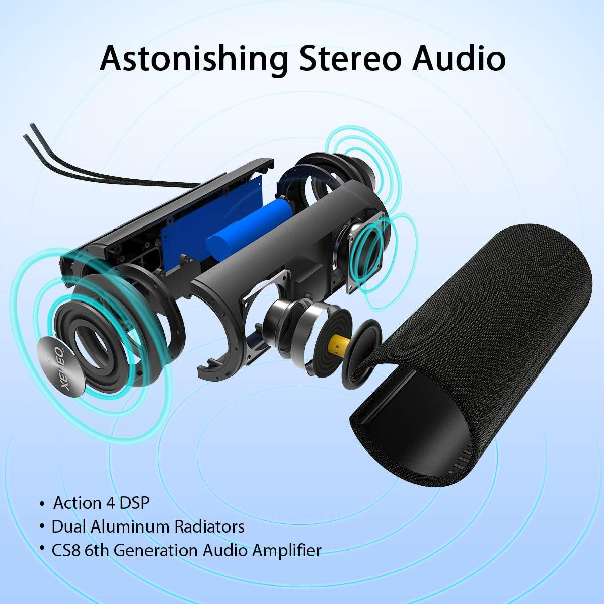 X21 Portable Outdoor Wireless Bluetooth Speaker Waterproof with FM Radio, Micro SD Card Slot, AUX for Shower - Hard Travel Case Included