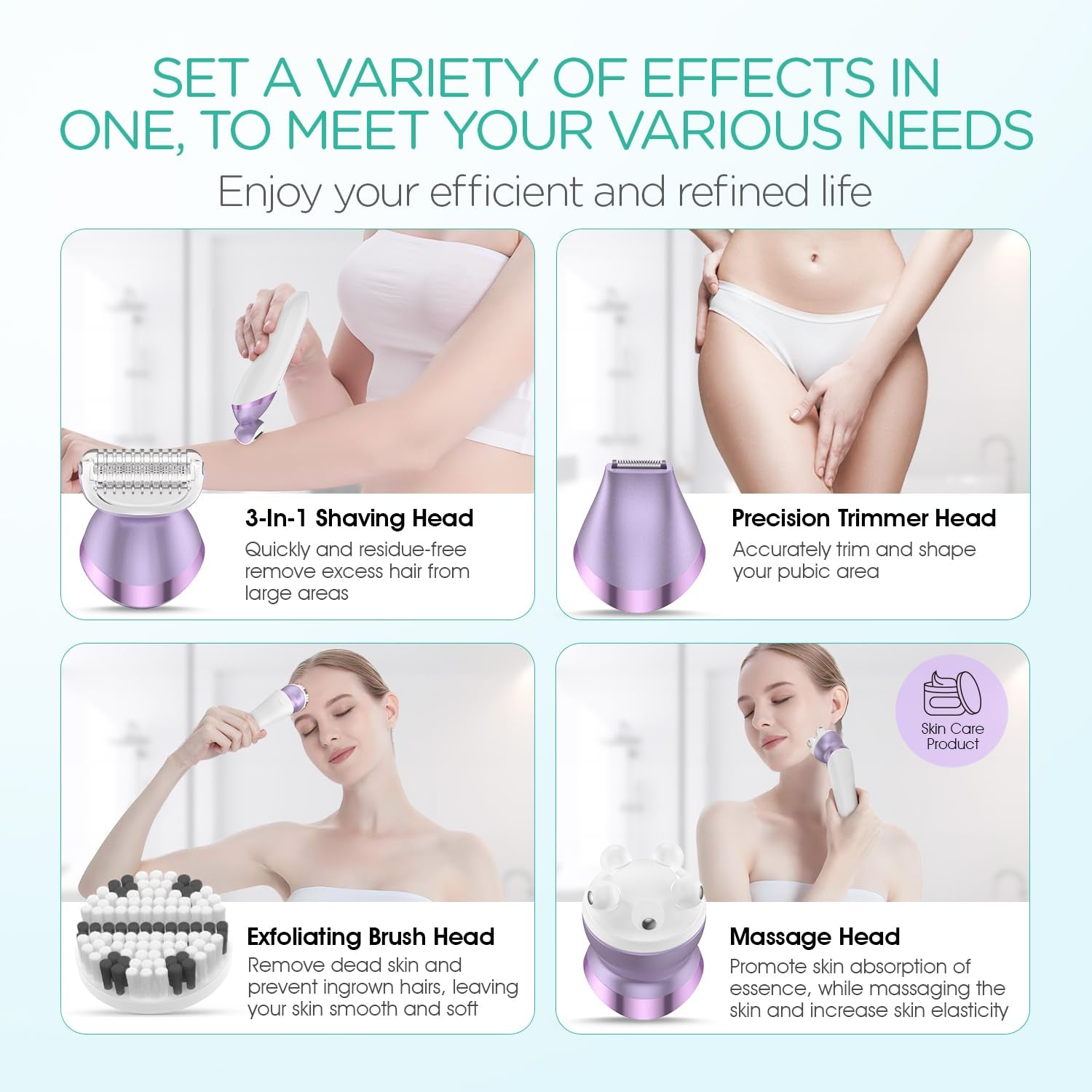 Electric Razors for Women 4 in 1 Bikini Trimmer, Foil Shaver for Women 4 Replacement Heads for Body, Pubic Hair Trimmer, Cleansing, Massage 2 Adjustable Speeds Rechargeable Shaver ES501 (Purple)