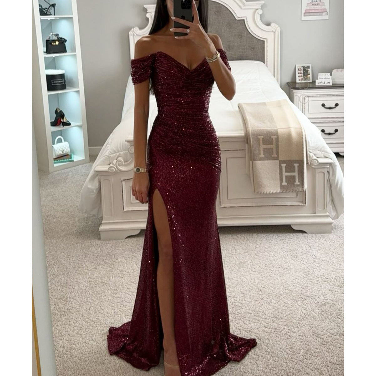 Women's Sequin Off-Shoulder Maxi Dress - Glamorous Party Gown
