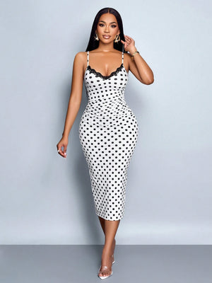 SOLERSUN Spring and Summer Elegant Commuting Retro Sexy Business Old-Money Style Casual Sleeveless V-Neck Valentine'S Day Wedding Season Party Holiday Music Festival Black Sexy Lace Suspender Waist Gathered Slimming Extreme Waist-To-Hip Ratio Short-Sleeved Hip-Covering White Polka Dot Mid-Length Dress for Women