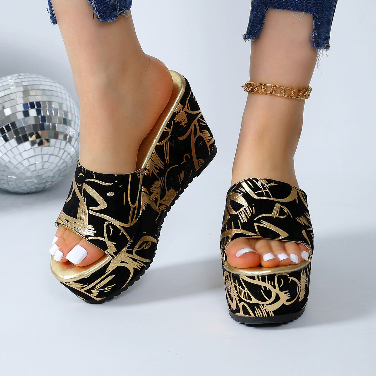 Round Toe Wedge Printed Slippers - Dazzling Beauty Solution