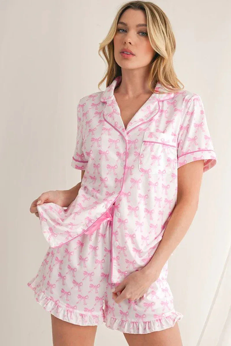 Bowknot Shirt and Ruffle Hem Shorts Pajama Set - Dazzling Beauty Solution