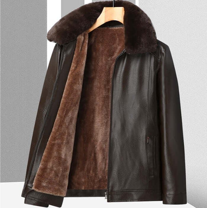 Men’s Winter Velvet PU Leather Jacket Padded Warm Coat featuring a luxurious brown fur collar and plush interior.