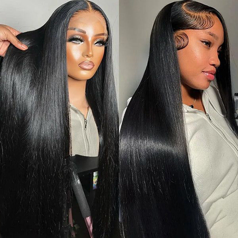 Long Straight Human Hair Wig – Center-Part Bangs, Hand-Woven (12”–32”) - Dazzling Beauty Solution