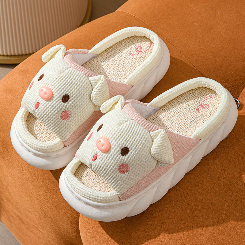 Piggy Cute Couple Open Toe Linen Cotton Linen Slippers - Dazzling Beauty Solution