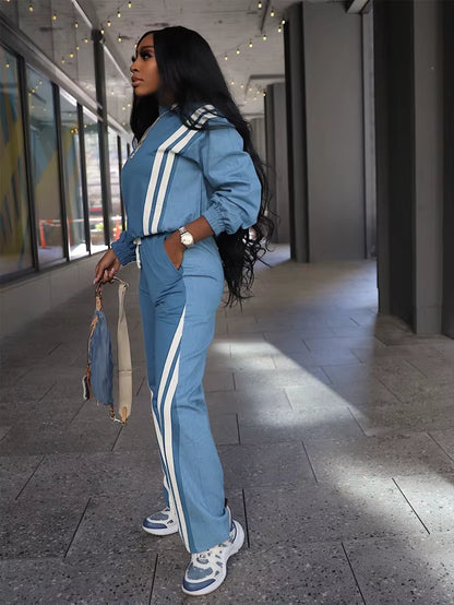 Elevate Your Fall Wardrobe with Our Stylish Women's Color Block Stripe Sweatsuit Set – Perfect for Sports and Leisure!