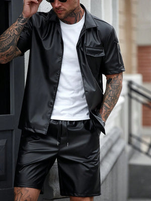 Manfinity LEGND Men'S Solid Front Button Short Sleeve Shirt and Drawstring Waist Pocket Shorts Set Men'S Outfits Sets Men Fashion Clothes Men Outfits 2 Pieces Men'S Designer Outfits