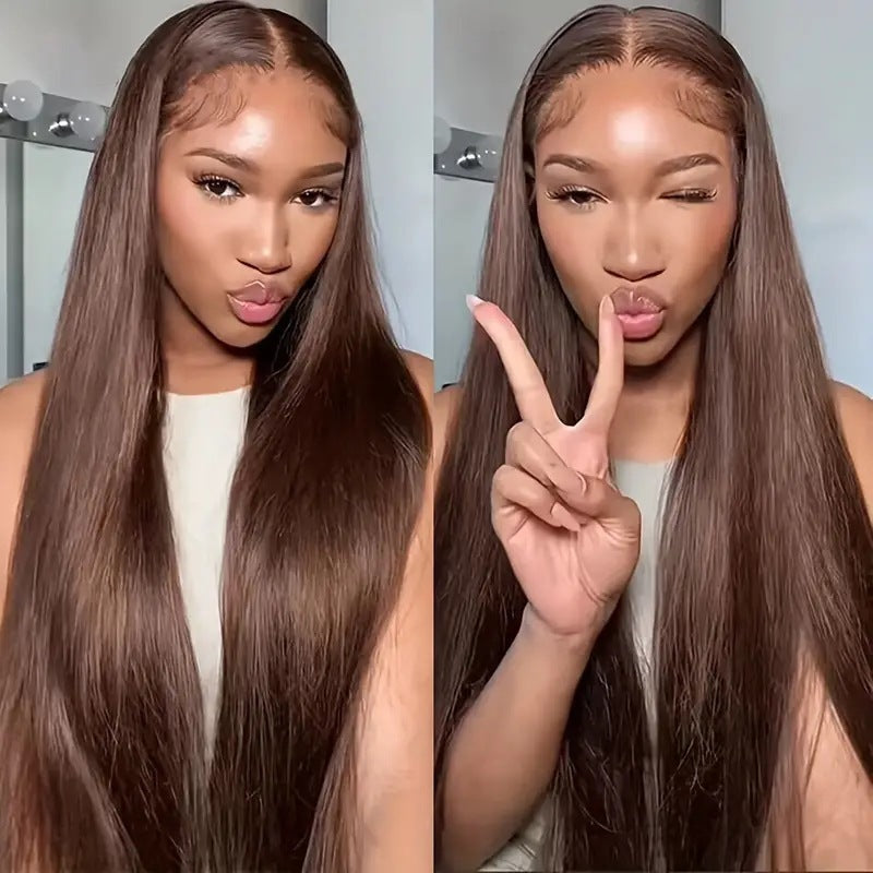 Long Straight Lace Front Wig with Side Bangs – Medium Dark Brown