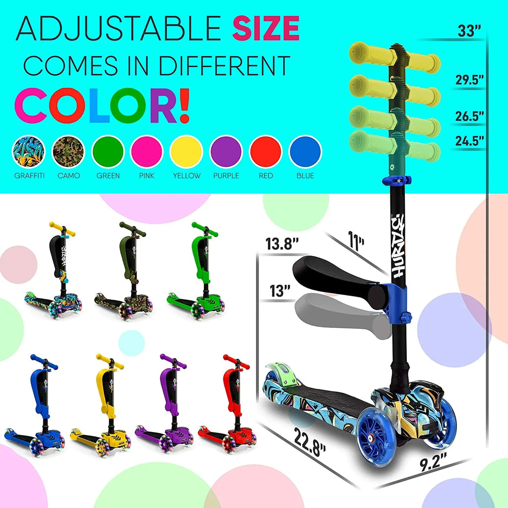 3-Wheeled Scooter for Kids - Wheel LED Lights, Adjustable Lean-To-Steer Handlebar, and Foldable Seat - Sit or Stand Ride with Brake for Boys and Girls Ages 1-14 Years Old - Dazzling Beauty Solution