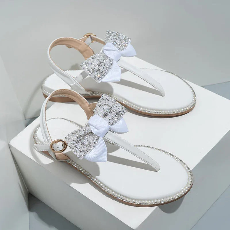 Rhinestone Bow Ladies High End Flat Sandals - Dazzling Beauty Solution