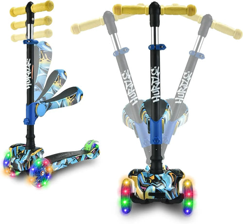 3-Wheeled Scooter for Kids - Wheel LED Lights, Adjustable Lean-To-Steer Handlebar, and Foldable Seat - Sit or Stand Ride with Brake for Boys and Girls Ages 1-14 Years Old - Dazzling Beauty Solution