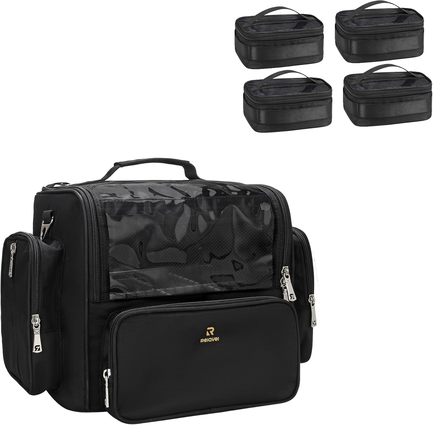 Makeup Brush Bag Extra Large Makeup Brush Case with 4 Small Bags Professional Makeup Artist Brush Holder Stand up Organizer for Travel with Adjustable Dividers and Shoulder Strap