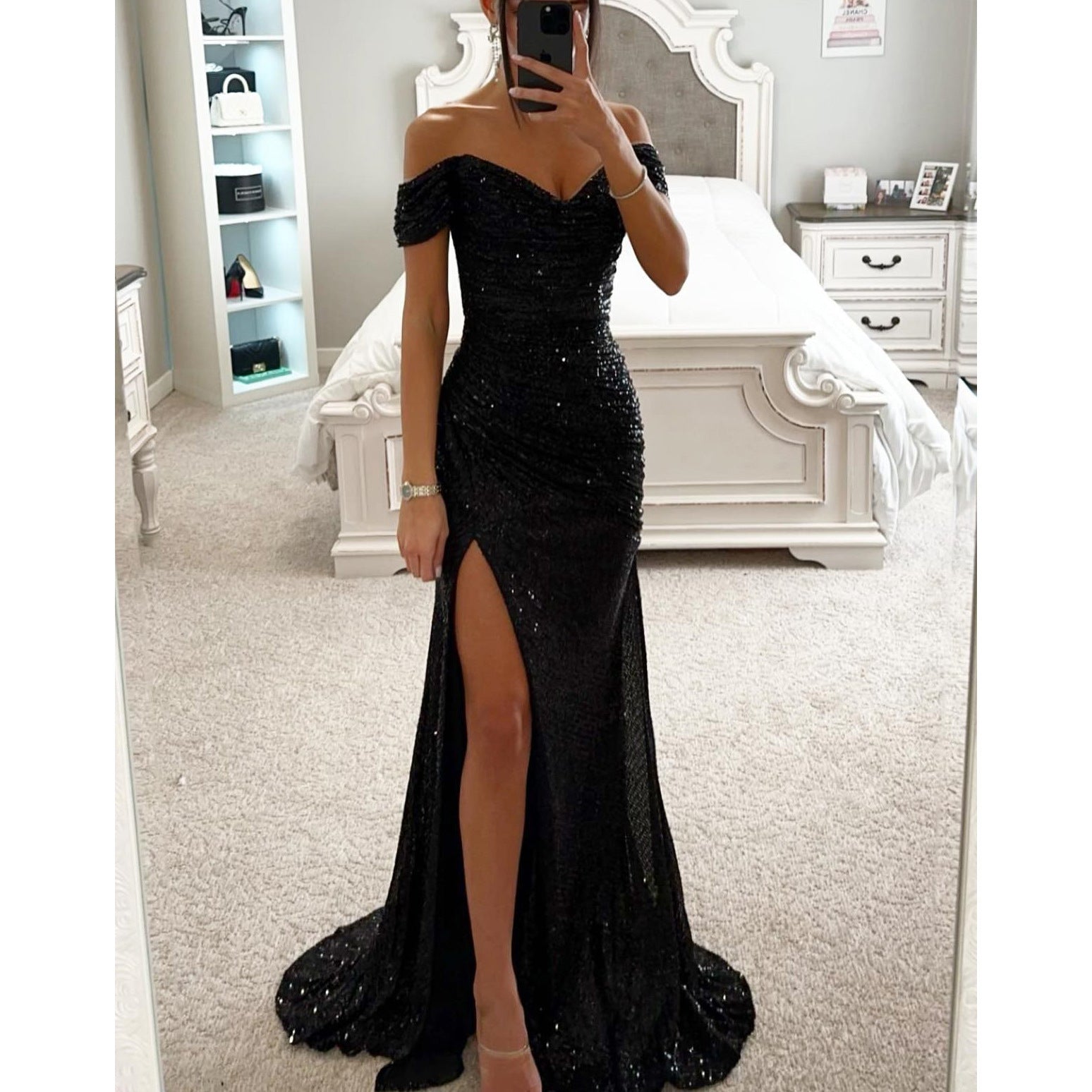 Women's Sequin Off-Shoulder Maxi Dress - Glamorous Party Gown