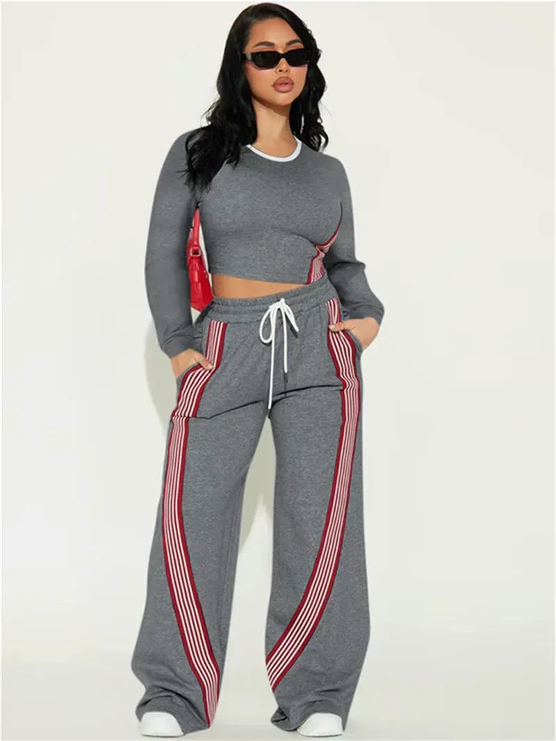 Stylish Contrast Stripe 2-Piece Women's Set: O-Neck Full Sleeve Crop Top & Drawstring Long Pants for Casual Sports Vibes! - Dazzling Beauty Solution