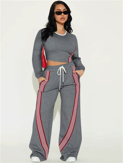 Stylish Contrast Stripe 2-Piece Women's Set: O-Neck Full Sleeve Crop Top & Drawstring Long Pants for Casual Sports Vibes!
