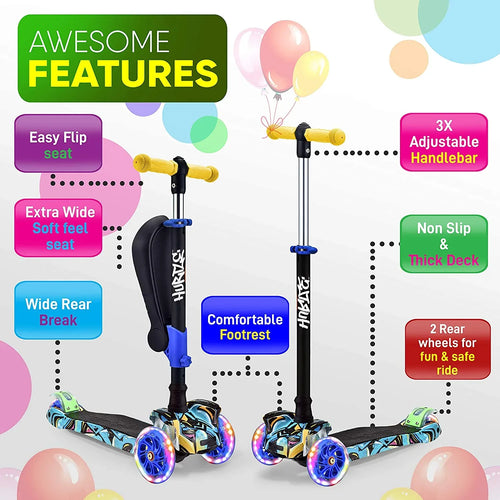 3-Wheeled Scooter for Kids - Wheel LED Lights, Adjustable Lean-To-Steer Handlebar, and Foldable Seat - Sit or Stand Ride with Brake for Boys and Girls Ages 1-14 Years Old - Dazzling Beauty Solution