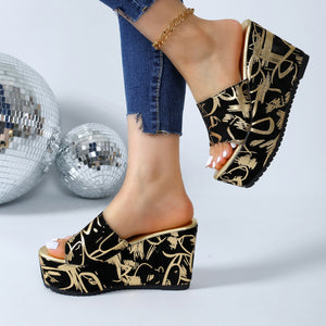 Round Toe Wedge Printed Slippers - Dazzling Beauty Solution