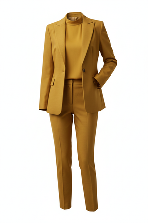 Women's elegant 3-piece office blazer and pant suit set in yellow and blue