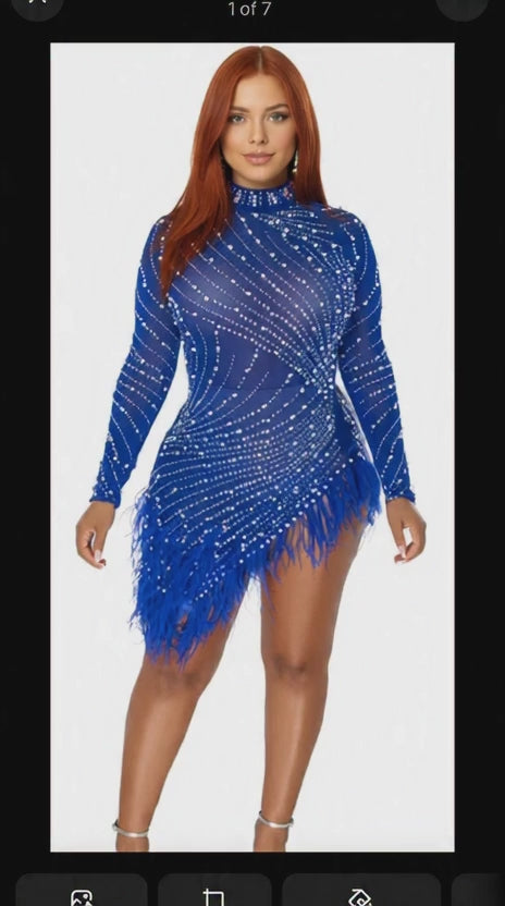 Rhinestone Feather Bodycon Mini Dress - Mesh Sheer Long Sleeve Party Dress